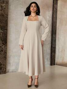 Roveilla Đầm midi tay dài xẻ tà cổ vuông thanh lịch, trang trọng, công sở, đi làm, tiệc tùng, nghỉ dưỡng, lãng mạn kiểu Sicilia cổ điển dành cho giáo viên cỡ lớn, màu mơ - Màu be - Xem 4