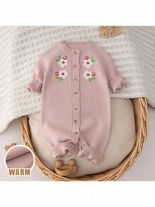 Loomiva 新生男婴/女婴花卉印花圆领长袖连体衣，含裤子，舒适百搭 - 淺粉色 - 查看 3