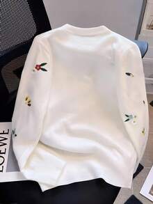 SHEIN 女士花卉刺绣圆领休闲T恤 - 白色 - 查看 2