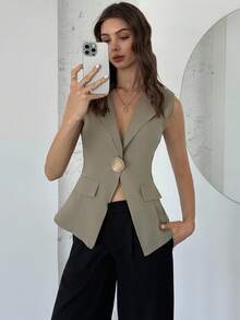 Firerie Women's Minimalist Elegant Daily Casual Urban Commute Office Wear Gray-Green Sleeveless Lapel Metal Button Fitted Blazer, Women's Blazer, Autumn/Winter Wear, Formal Occasion Wear - Green - View 7