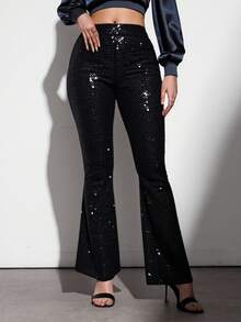 EURMUSE Sequin Flare Leg Pants - Black - View 1