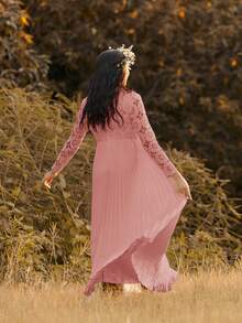 SHEIN 孕妇撞色蕾丝长袖褶边优雅连衣裙 - 粉色 - 查看 2