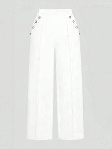 SHEIN CURVE+ Plus Size Women Loose Wide Leg Casual Business Suit Pants With Button Design - White - View 7