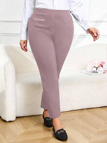 Plus Size Casual Versatile Solid Color Pants - Coffee Brown - View 1