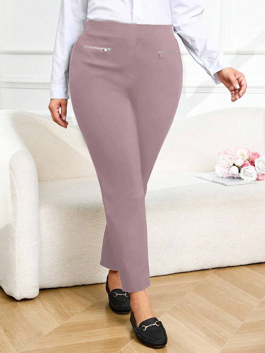 Plus Size Casual Versatile Solid Color Pants - Coffee Brown - View 1