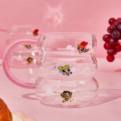 THE POWERPUFF GIRLS X SHEIN 1 件花朵、气泡、毛茛图案高硼硅玻璃杯，大容量，可用洗碗机清洗，适用于牛奶、果汁、咖啡