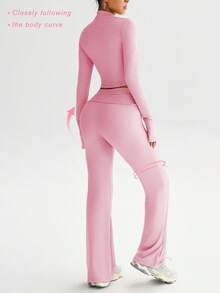 Dewbera Dewbera 女士三件套瑜伽健身套装，休闲性感户外跑步 U 领上衣，舒适收腹提拉紧身裤，高领紧身长袖拇指孔夹克 - 粉色 - 查看 3