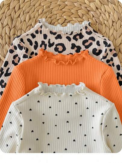 SHEIN 3 件 Babygirl 休闲百搭针织豹纹波点图案长袖上衣