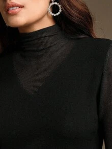 Anewsta 优雅V领纯色针织修身立领毛衣，女式，秋冬 - 黑色 - 查看 2