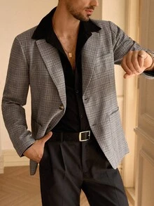 HIMLAND 男士休闲格子中式领西装外套，适合秋冬 - 棕色 - 查看 3