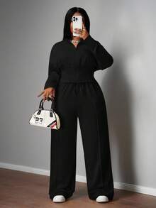 Slaydiva Ensemble décontracté femme grande taille, couleur unie, veste à capuche zippée à manches longues et pantalon, automne/hiver - Noir - Voir 11