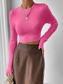 Rafferiza Women's Solid Color Round Neck Long Sleeve Cropped Fitted Pullover Sweater, Autumn - Hot Pink - View 3