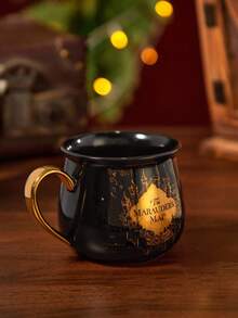 HARRY POTTER X SHEIN 1pc 14oz/400ml Marauder's Map Golden Pattern Ceramic Mug, Heat & Cold Resistant, Suitable For Milk, Juice, Coffee - Black - View 4