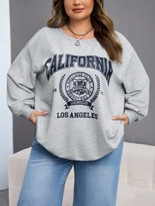 SHEIN CURVE+ Felpa ampia e casual con grafica di New York, girocollo, manica lunga, per donna, adatta per autunno/inverno, taglie comode