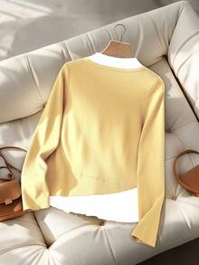GlowEve Contrast Trim Pleated Collar Elegant Long Sleeve Sweater, Suitable For Commuting - Butter Yellow - View 2