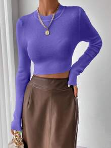 RosyDaze Women's Casual Everyday Commute Minimalist Solid Color Fitted Cropped Pullover Sweater, Autumn - Bold Plum - View 3
