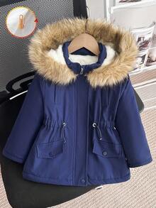 SHEIN 年轻女孩冬季中长款连帽派克大衣，仿皮草领，纽扣开合，腰部收紧，保暖衬里，休闲百搭外套 - 藏蓝色 - 查看 2