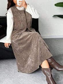 Dazy Plus 2pcs Velvet Thickened Casual Vest & Skirt Set, Versatile Plus Size Autumn Outfit - Khaki - View 5