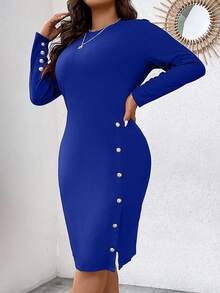 EMERY ROSE Plus Size Solid Color Fitted Commuter Dress - Royal Blue - View 7