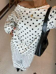 SHEIN EZwear 女士波点斜肩宽松卫衣和运动裤套装，秋冬 - 黑與白 - 查看 6