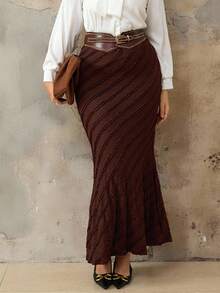 Roveilla Plus Size Jacquard Elastic Waist Slimming Mermaid Skirt, Autumn/Winter Abaya Dubai Musera Plus Size Women Long Skirt Long Brown Skirt Textured Brown Skirt Skirt With Belt Brown Maxi Skirt