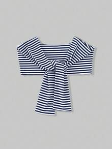 3pcs/Set Older Tween Girl Solid Color Embroidered Loose Fit Crew Neck Top + Plaid Striped Shawl + Matching Casual Sports Pants - Royal Blue - View 4