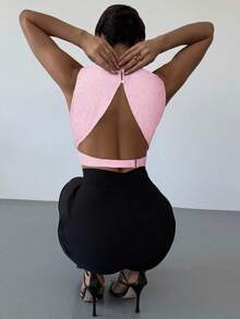 Firerie 女士优雅简约时尚性感浪漫通勤音乐节派对度假约会蓝白条纹露背无袖衬衫 - 粉色 - 查看 6