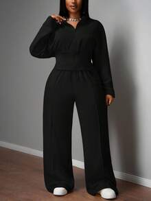 Slaydiva Ensemble décontracté femme grande taille, couleur unie, veste à capuche zippée à manches longues et pantalon, automne/hiver - Noir - Voir 13