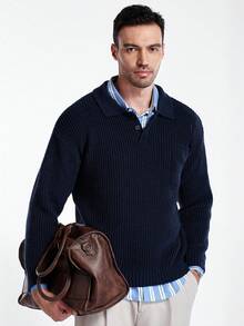 Manfinity CityGents Áo len dài tay cổ polo trơn màu cho nam, thời trang thu đông - Màu xanh hải quân - Xem 1