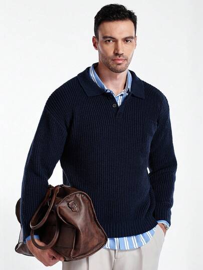 Manfinity CityGents Men's Solid Color Polo Neck Long Sleeve Casual Sweater, Autumn/Winter  Blue Lapel Sweater, Blue Business Sweater, Blue Knitted Sweater, Christmas Sweater, Suitable For Work, Going Out, Travel, Autumn And Winter It Is Great For Couples And Makes An Excellent Gift Idea For Boyfriends Or Husbands