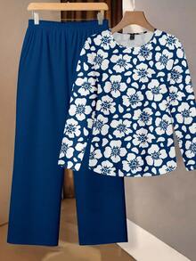 Glamance Whitebread 2pcs/Set Plus Size Women Loose Round Neck T-Shirt And Straight Leg Pants, Autumn Blouse And Pants Set Matching Women Sets Blue And White Outfit Women Blue 2 Pieces Set Women Modest Two Pieces Set - Multicolor - View 2