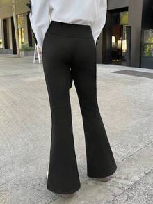SHEIN Tween Girls Black Knit Thick Flare Pants, Casual Versatile Daily Fashion Pants - Black - View 4
