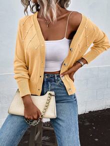 EMERY ROSE Women's Casual Long Sleeve Cardigan With Faux Pearl Decor, Autumn - Yellow - View 5