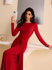 Lyxana Women's Elegant Solid Color Sexy Backless Chain Decor Maxi Dress, Autumn - Burgundy - View 2