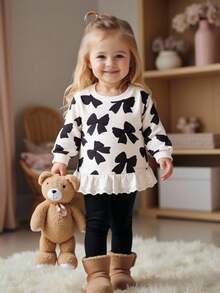 SHEIN Baby Girls' Butterfly Print Sweatshirt With Embroidered Ruffle Hem Fall Winter - Black - View 1