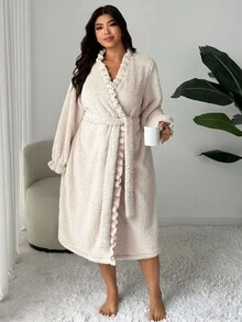 Dazy Plus Thermal Lined Plus Size Women Long Fluffy Robe, Fashion Sleepwear For Autumn/Winter, Cozy - Apricot - View 6
