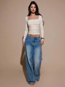 SHEIN BAE 杏色純色高領長袖抓皺優雅上衣女款，秋冬長袖打底上衣 - 杏色 - 查看 5