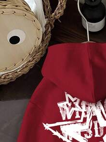 Slaydiva Casual Star Letter Barcode Pattern Burgundy Sweatshirt Thermal Lined Long Sleeve Loose Fit Sweatshirt For Women, Fall/Winter - Burgundy - View 7