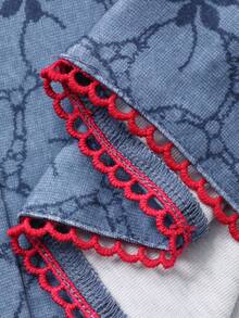 DAZY Floral Print Contrast Trim Women Pajama Set Fall Winter Clothes - Blue - View 9