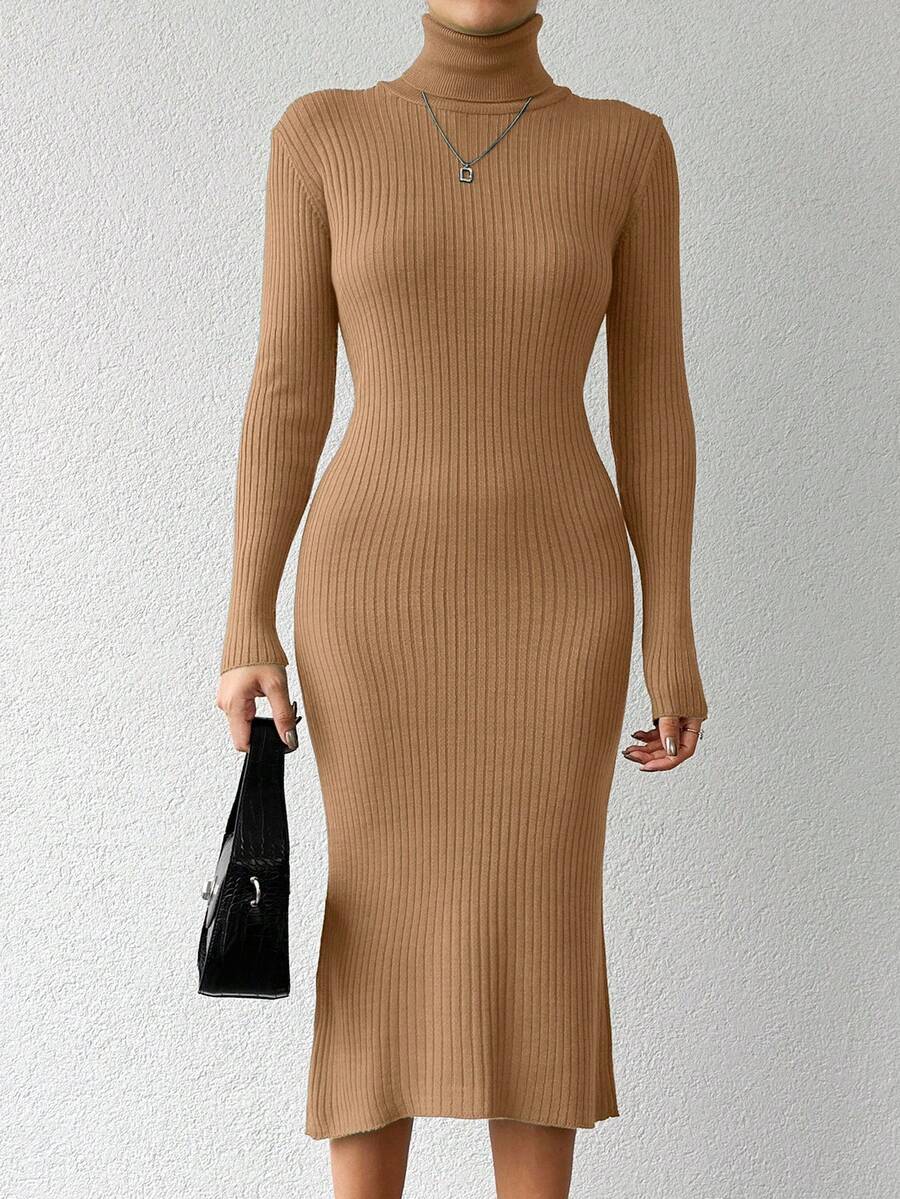 EURMUSE Váy len ôm cổ lọ màu trơn đơn giản mùa thu/đông - Màu Khaki - Xem 1