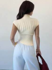 Firerie Elegant Commuter Solid Color Stand Collar Asymmetric Hem Knit Top - Light Yellow - View 3