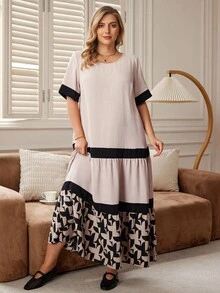 Rosumi Plus Size Women's Ripe Elegant Round Neck Color Block Border Casual Daily Wear Long Mother's Day Dress - Multicolor - View 1