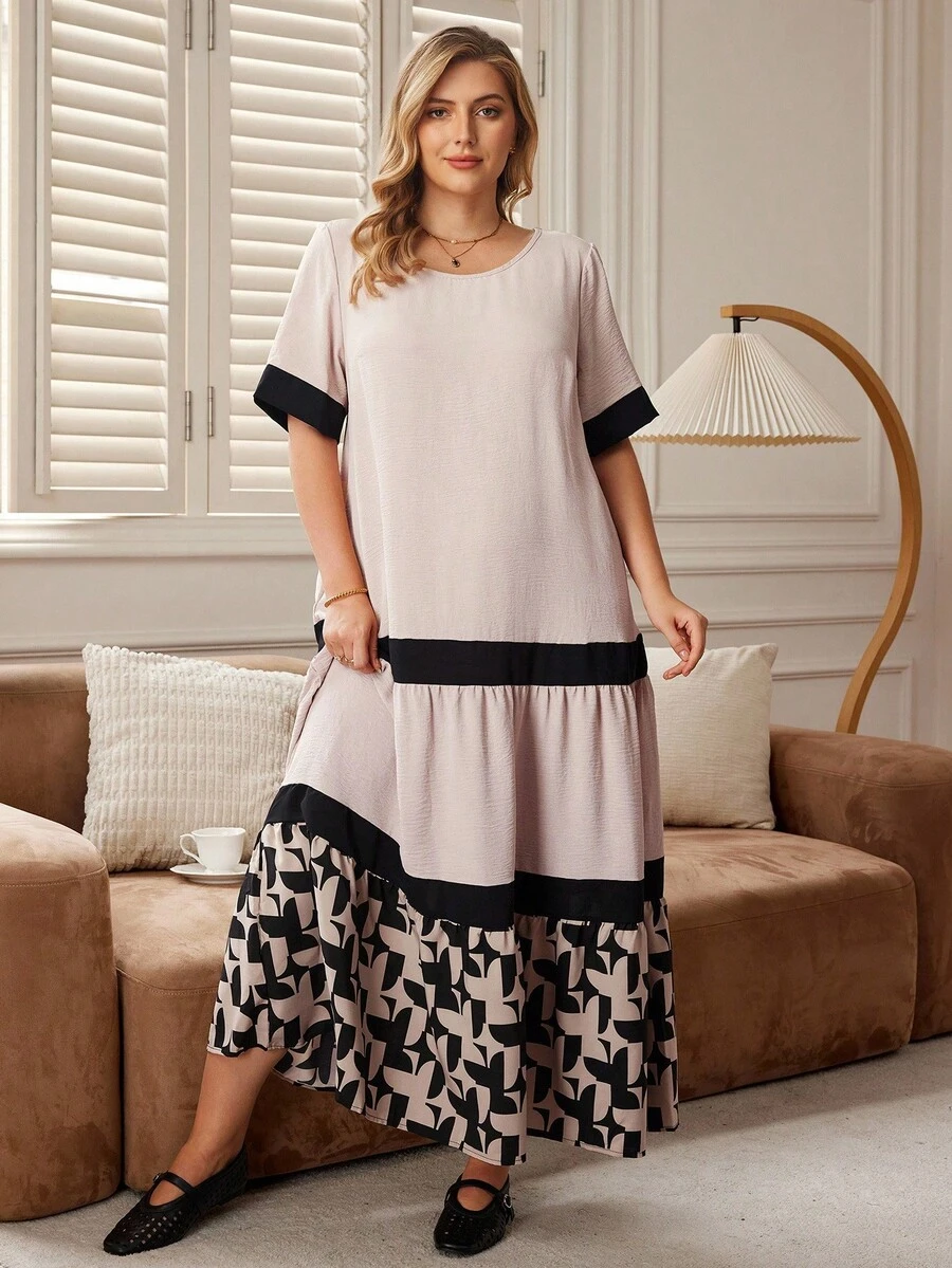 Rosumi Plus Size Women's Ripe Elegant Round Neck Color Block Border Casual Daily Wear Long Mother's Day Dress - Multicolor - View 1