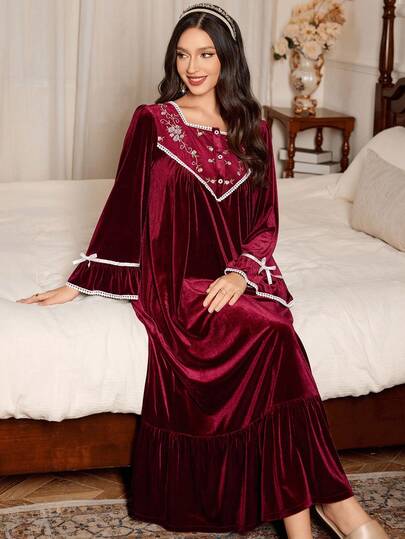 PalaceNights Women's Embroidered Lace Trim Vintage Palace Style Velvet Loose Long Nightgown, Autumn/Winter Long Sleeve Nightgown Embroidered Sleepwear Sleepwear Gown Night Gown Velvet Night Dress, Moo Moo Night Dress