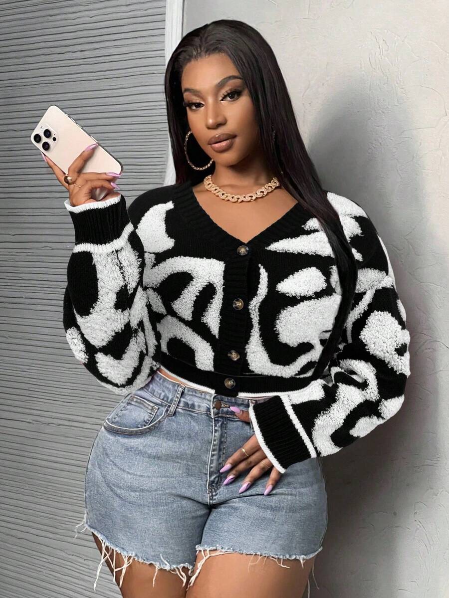 SHEIN Slayr 休闲假日撞色图案前开襟纽扣开衫，秋冬季，舒适秋冬开衫