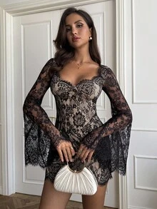 SHEIN BAE 性感修身蕾丝长袖迷你连衣裙 - 黑色 - 查看 1