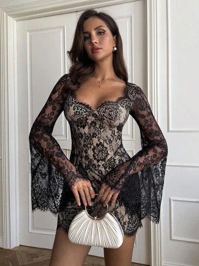 SHEIN BAE Sexy Fitted Lace Long Sleeve Mini Dress,Dresses For Women Party