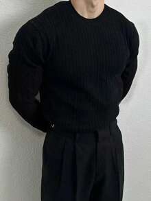 Manfinity Homme 男士休闲日常通勤简约纯黑色毛衣，秋冬 - 彩色 - 查看 1