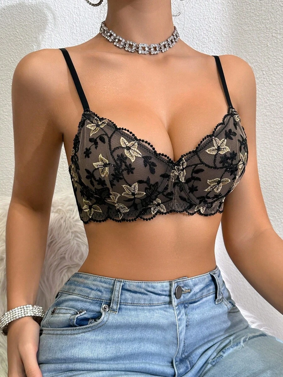 SHEIN Women's Elegant Floral Embroidered Mesh Bra - Black - View 1