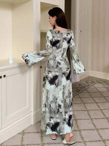 DAZY ثوب نوم طويل للنساء مع خصر مربوط بنمط صبغ التعادل للموسم الخريفي